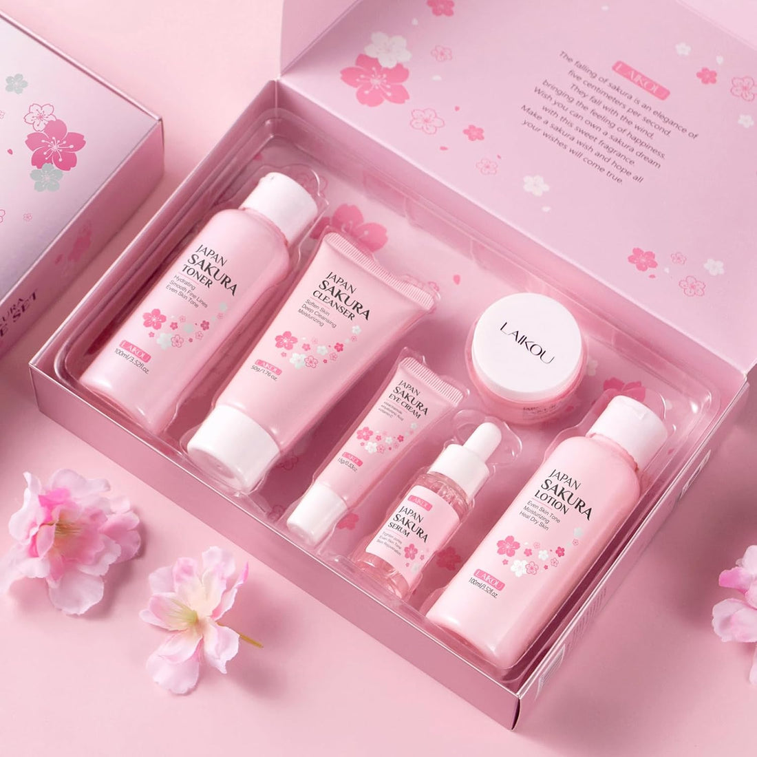LAIKOU Sakura 6-Piece Skincare Set – Hydrating & Revitalizing Gift Box for Women/Teens | Cleanse, Tone, Nourish, Anti-Aging | Falcon Drop UAE