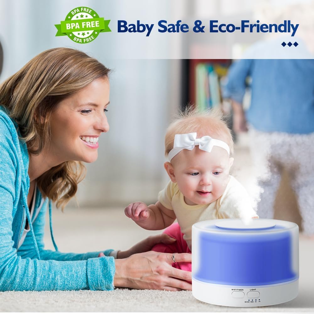 Baeskii Upgraded Essential Oil Diffuser, 500ml Aromatherapy Diffuser with 7 Color Lights and 4 Timer, Cool Mist Humidifier with Auto Shut-off Function, Ultrasonic Oil Diffuser BPA-Free for Home Office