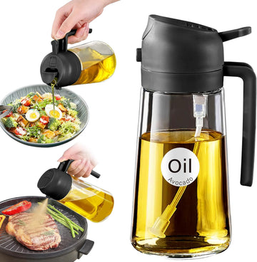 Olive Oil Dispenser Bottle for Kitchen,2 in 1 Oil Sprayer for Cooking, 16oz/470ml Glass Oil Spray Bottle with Pourer, Food-grade Oil Mister for Air Fryer, Salad (Black)