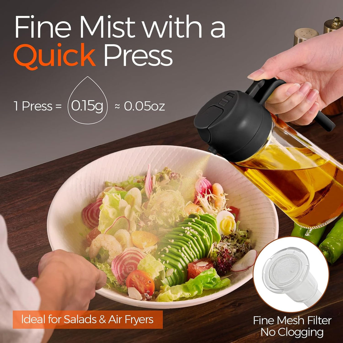 Olive Oil Dispenser Bottle for Kitchen,2 in 1 Oil Sprayer for Cooking, 16oz/470ml Glass Oil Spray Bottle with Pourer, Food-grade Oil Mister for Air Fryer, Salad (Black)