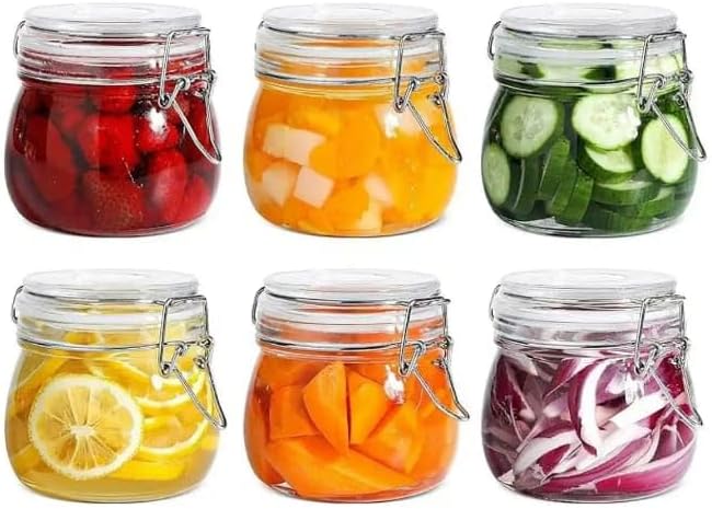 Premify 6-Pack Airtight Glass Jars with Clear Preserve Seal & Wire Clip – Ideal for Canning, Kitchen Storage, Overnight Oats, Pickles, Spices, & Pantry Organization
