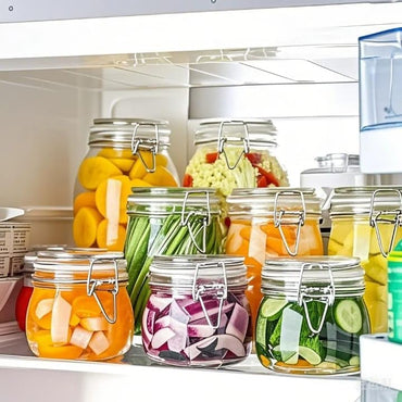 Premify 6-Pack Airtight Glass Jars with Clear Preserve Seal & Wire Clip – Ideal for Canning, Kitchen Storage, Overnight Oats, Pickles, Spices, & Pantry Organization